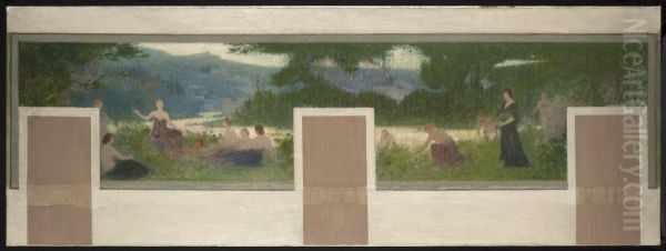 Esquisse pour la mairie de Bagnolet : Paysage d'ete. Oil Painting by Henri Rachou
