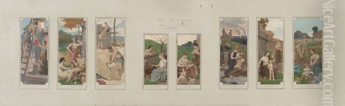 Esquisse pour la salle des fetes de la mairie de Courbevoie : Jour de fete. Le repos. Le travail. La jeune fille. La mere. Devouerment. L'aieule. L'education. Oil Painting by Alexandre Seon