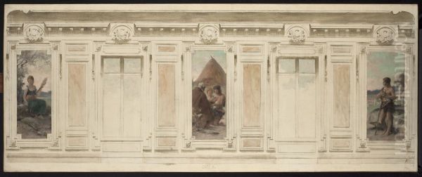 Esquisse pour la salle des mariages de la mairie de Courbevoie : Fileuse. Le mariage. Berger Oil Painting by Theobald Chartran