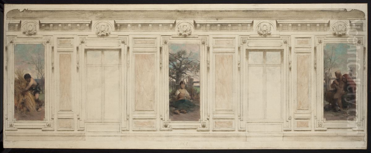 Esquisse pour la salle des mariages de la mairie de Courbevoie : botteleur, maternite, education Oil Painting by Theobald Chartran