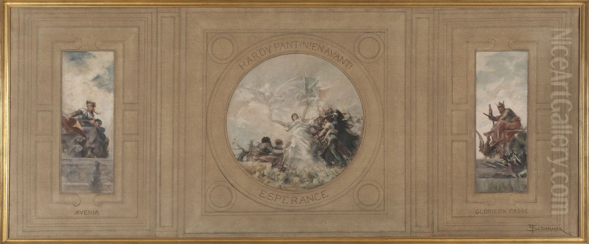 Esquisse pour la mairie de Pantin : Avenir. Hardy Pantin! En avant. Esperance. Glorieux passe. Oil Painting by Francois Schommer