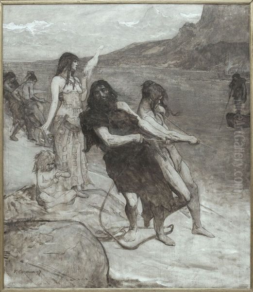 La peche, esquisse pour l'amphitheatre de paleontologie du Museum d'histoire naturelle de Paris Oil Painting by Fernand Cormon