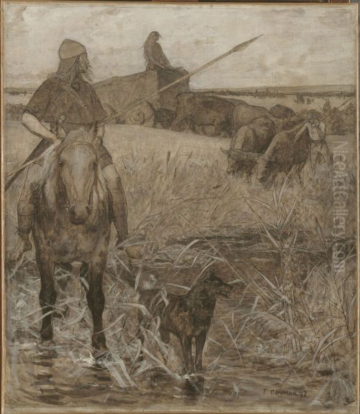 Gaulois a cheval, esquisse pour l'amphitheatre de paleontologie du Museum d'histoire naturelle de Paris Oil Painting by Fernand Cormon