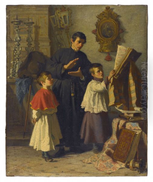 La lecon de chant des enfants de choeur, dans une sacristie a Rome Oil Painting by Auguste Dutuit