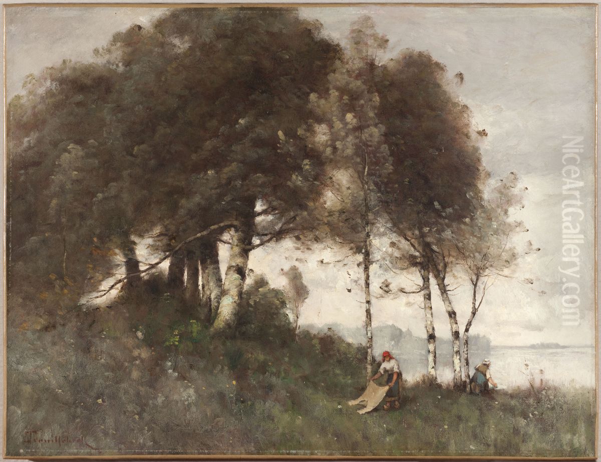 Paysage aux lavandieres Oil Painting by Paul Desire Trouillebert