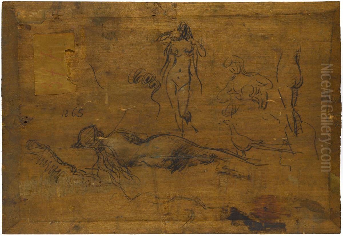 Fillette au ruban bleu (recto) / Cinq etudes de nus, un paon et une tete de profil (verso) Oil Painting by Jean-Jacques Henner