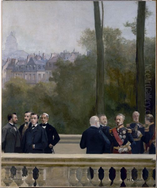 Le Panorama du siecle : groupe d'hommes du XIXe siecle, dont trois en uniforme Oil Painting by Henri Gervex
