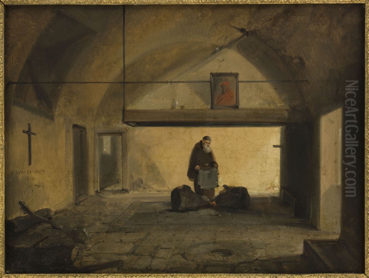 Un moine dans une salle voutee Oil Painting by Francois Marius Granet