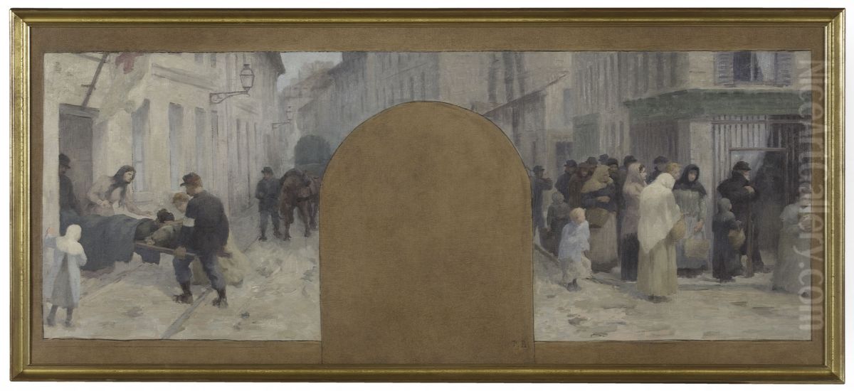 Esquisse pour l'Hotel de Ville de Paris, cabinet du prefet : Le transport des blesses a l'Ambulance. Les queues devant un magasin durant le siege de Paris en 1870 Oil Painting by Paul Baudouin