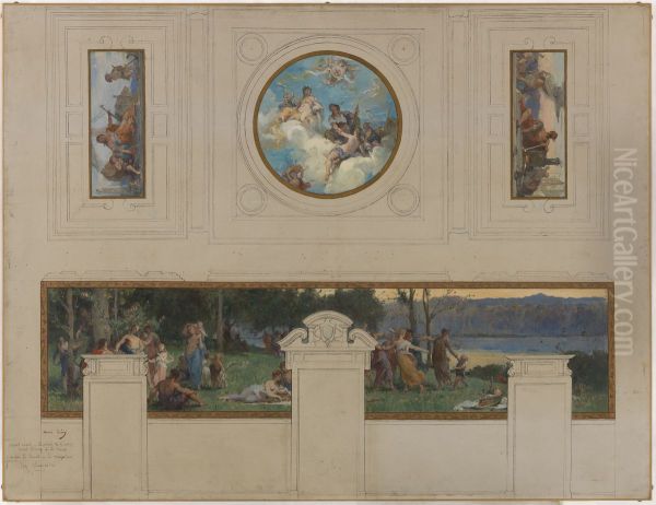 Esquisse pour la mairie de Pantin : Allegories du canal de l'Ourcq, du Travail et de la Navigation - Fete champetre (plafond et panneau mural) Oil Painting by Henri Leopold Levy