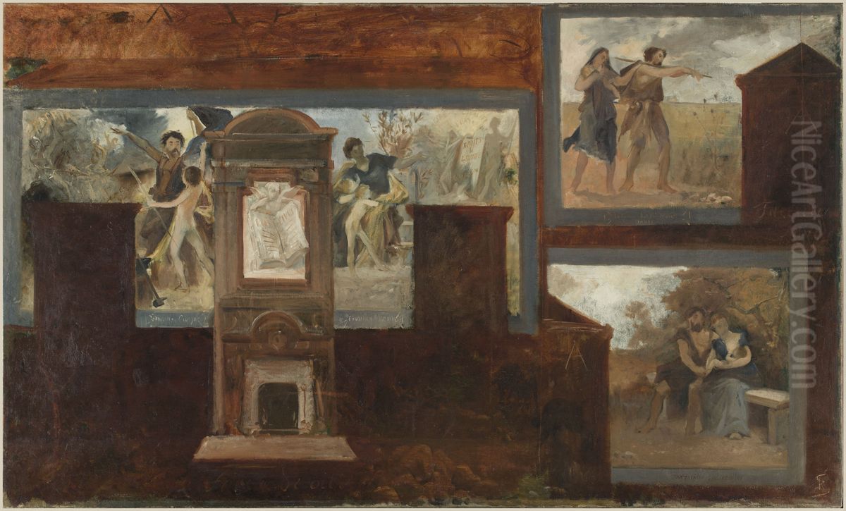 Esquisse pour la mairie du 15eme arrondissment : Education civique. Education morale. La femme doit suivre son mari. Paternite. Maternite. Oil Painting by Georges Recipon