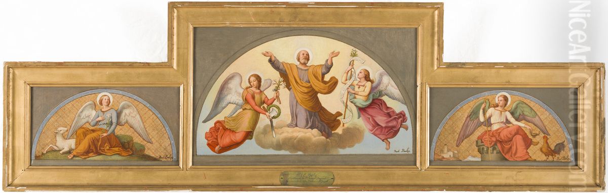 Esquisse pour l'eglise Saint-Joseph : L'Ange de douceur et de chastete - Apotheose de Saint-Joseph - L'Ange de vigilance et de fidelite Oil Painting by Paul Balze