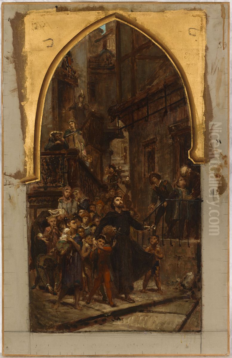 Esquisse pour l'eglise Saint-Merry : Saint Francois-Xavier parcourant les rues de Goa pour appeler les enfants et les esclaves au catechisme Oil Painting by Pierre-Paul-Leon Glaize
