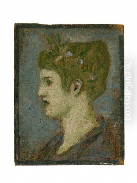 Tete de femme couronnee de feuillage, profil gauche Oil Painting by Henry Cros