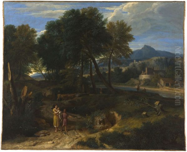 Pastorale avec un jeune patre et une femme avec un enfant dans les bras Oil Painting by Francisque Millet