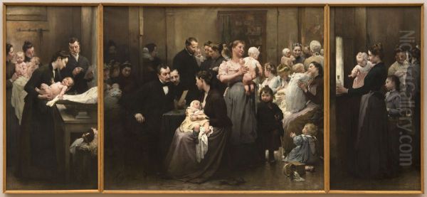 L'OEuvre de la goutte de lait au dispensaire de Belleville (triptyque) Oil Painting by Henri Jules Jean Geoffroy