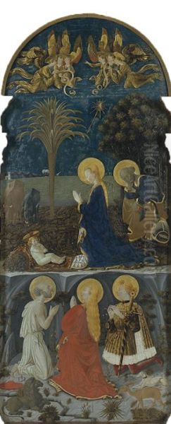 Anbetung des Kindes vor nachtlicher Landschaft mit den Heiligen Hieronymus, Magdalena und Eustachius Oil Painting by Paolo Uccello