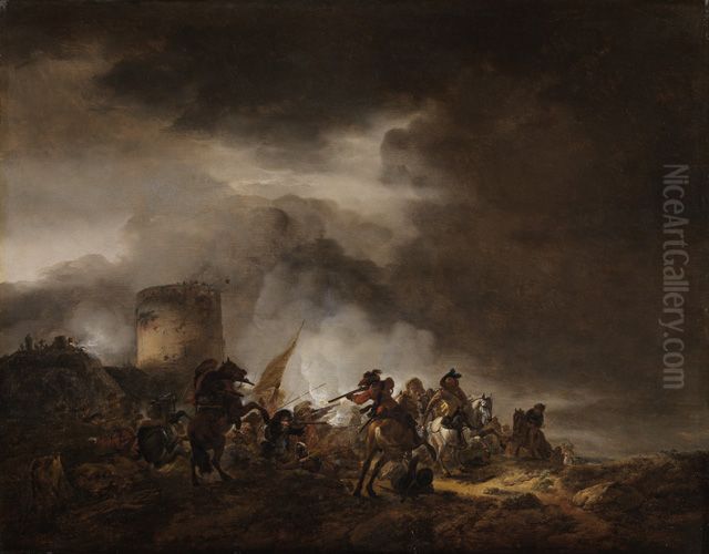 Kampf zwischen Reitern und Fussvolk vor einer Befestigungsanlage Oil Painting by Philips Wouwerman