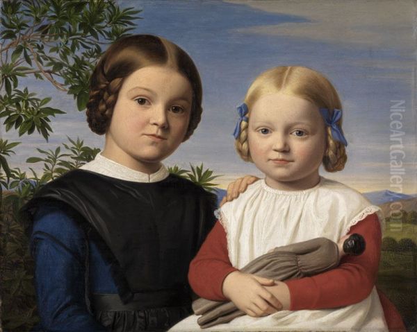 Doppelbildnis zweier Madchen Oil Painting by Joseph Anton Settegast