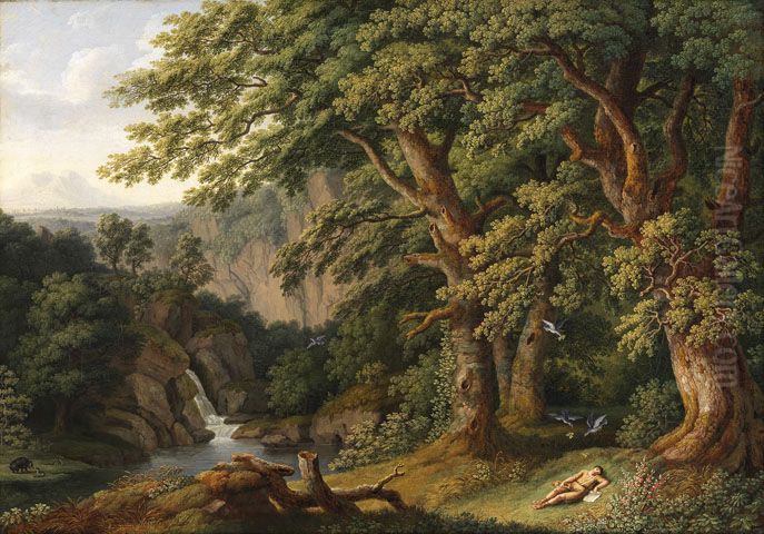 Waldlandschaft mit dem schlafenden, von Tauben behuteten Knaben Horaz Oil Painting by Jacob Philipp Hackert