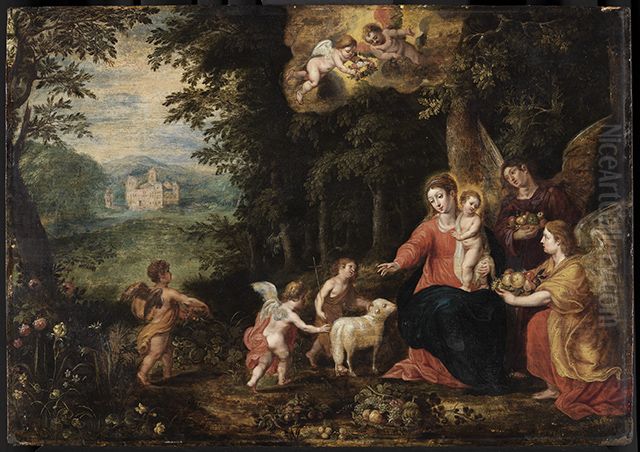 The Virgin and child with the infant Saint John, in a wooded landscape Oil Painting by Hendrick van Balen the Elder
