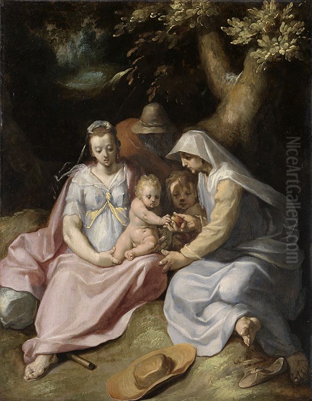 De H. Familie met Elisabeth en de jonge Johannes de Doper als kind Oil Painting by Cornelis van Haarlem