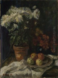 Stilleben mit weissen Chrysanthemen und Apfeln