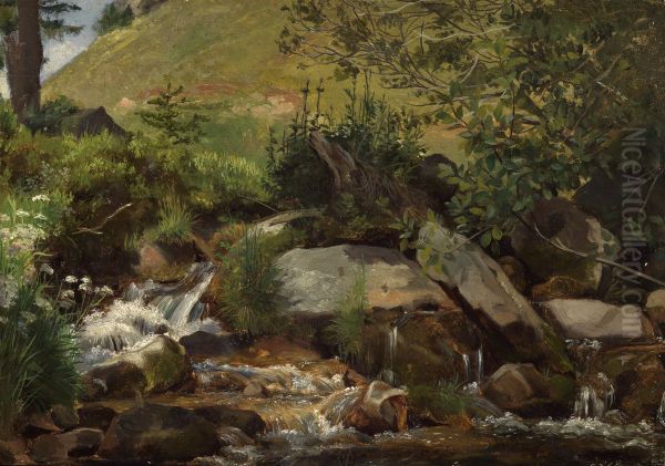 Wiesenbach mit Gebusch und Grasern Oil Painting by Hans Thoma