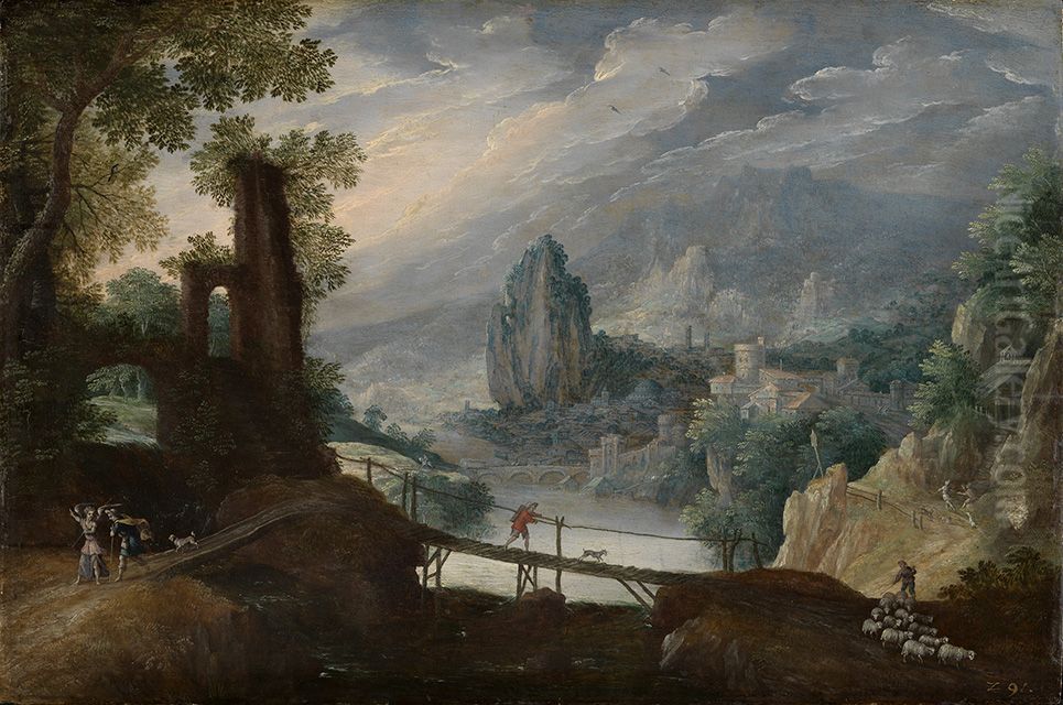 Gebirgslandschaft mit Tobias und Engel Oil Painting by Tobias Verhaecht