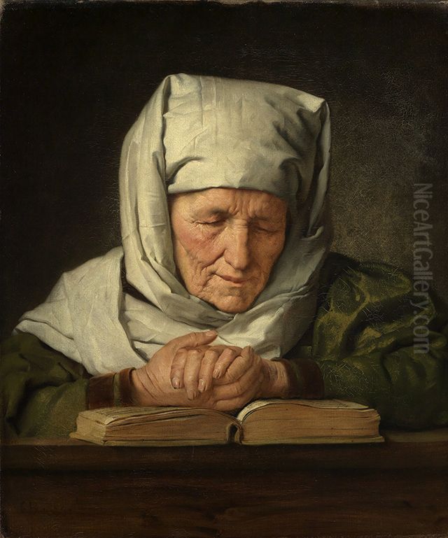 Praying old woman Oil Painting by Karl Brunner