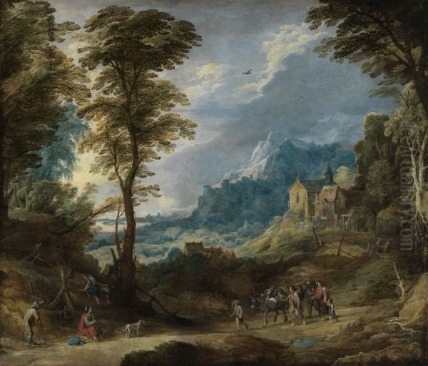 Mountain landscape with pilgrims Oil Painting by Joos de Momper the Younger