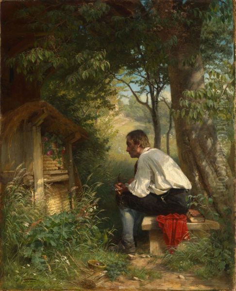 The bee friend Oil Painting by Hans Thoma