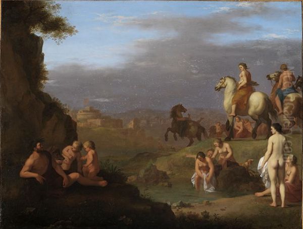 Italianate landscape with the flight of Cloelia Oil Painting by Cornelius van Poelenburgh