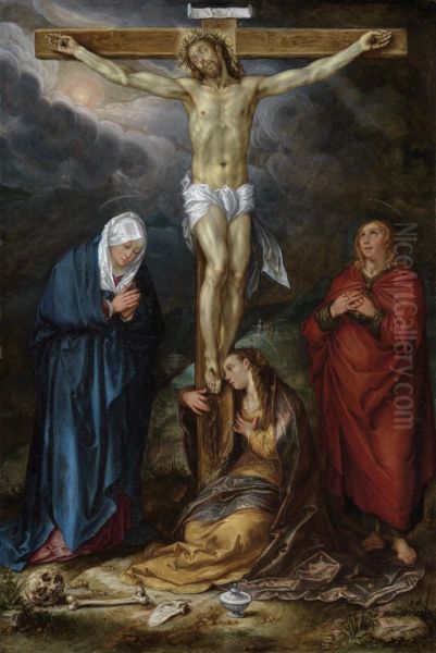 Crucified Christ with Mary, John the evangelist and Mary Magdalene Oil Painting by Hendrik Goltzius