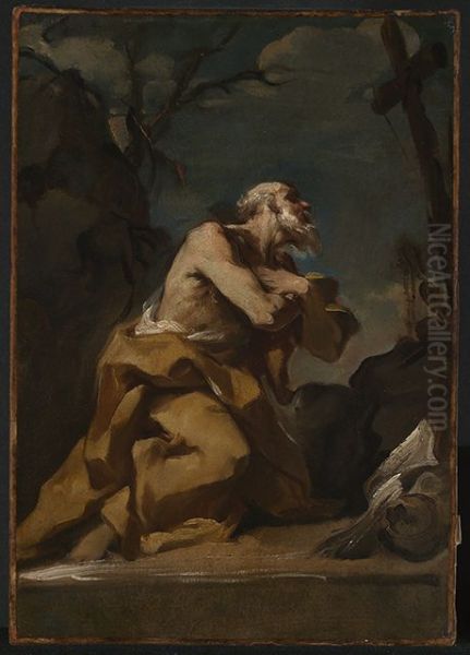 Kniender Heiliger (Hieronymus) in Anbetung eines Kreuzes Oil Painting by Francesco Polazzo