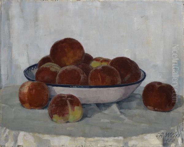 Pfirsiche in einer Emailschussel Oil Painting by Emil Rudolf Weiss