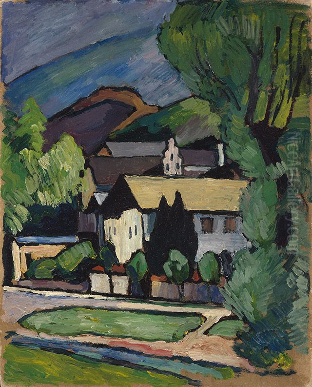 Bayerische Dorfhauser unter Baumen Oil Painting by Alexander Kanoldt