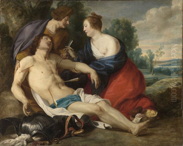 St.  Irene removes the arrows from the body of St. Sebastian Oil Painting by Theodoor Rombouts