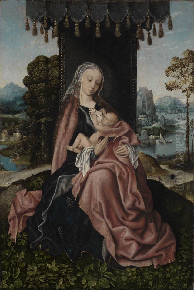 Sitzende Maria mit dem Kinde vor Landschaft Oil Painting by Master Of Frankfurt
