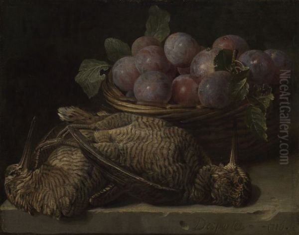 Stilleben mit Pflaumen und zwei Schnepfen auf einem Steintisch Oil Painting by Alexandre-Francois Desportes