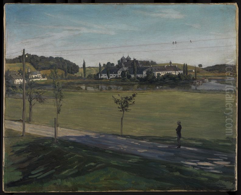 Landschaft bei Kloster Seeon mit Telegraphenstange Oil Painting by Wilhelm Heinrich Trutbner