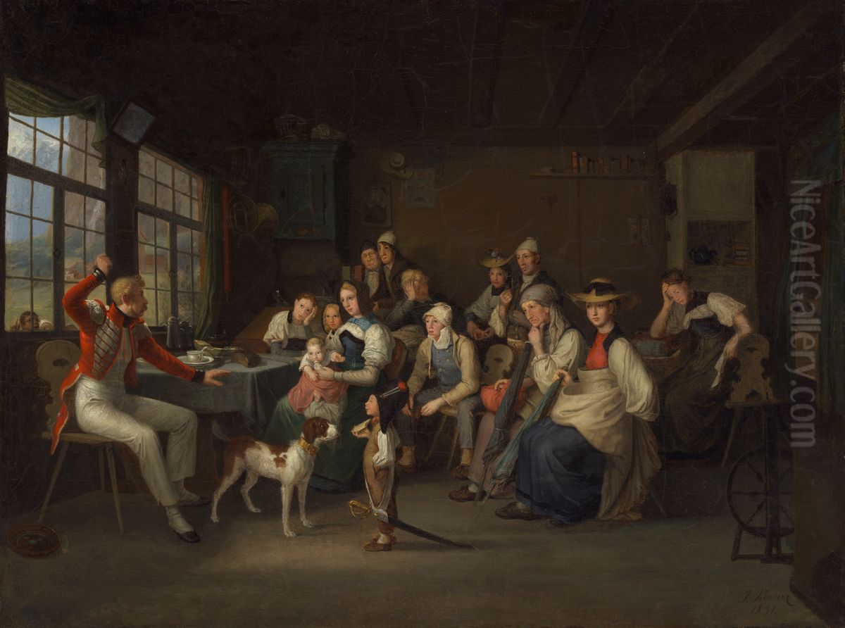 Schweizer Gardist erzahlt in seiner Heimat seine Erlebnisse wahrend der Pariser Juli-Revolution von 1830 Oil Painting by Johann Baptist Kirner