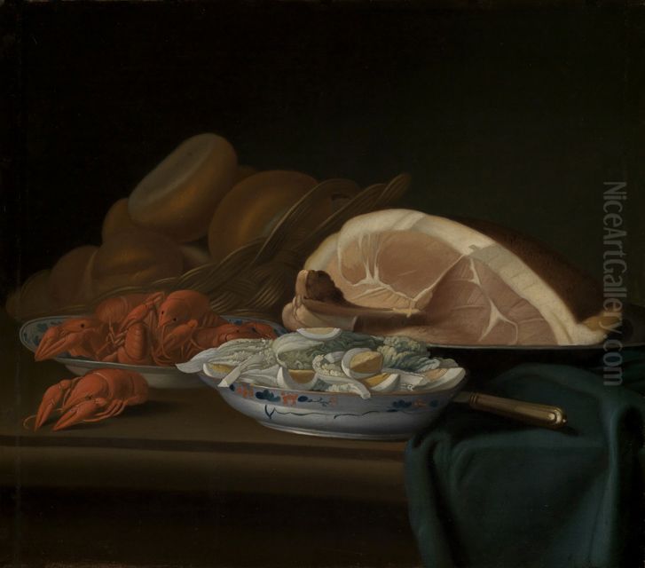 Fruhstucksstilleben mit Schinken, Krabben und Eiern Oil Painting by Justus Juncker