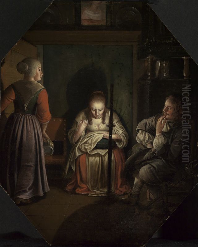 Nahende Frau, Kavalier und Magd bei Kerzenlicht Oil Painting by Wolfgang Heimbach