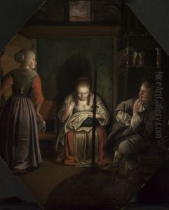 Nahende Frau, Kavalier und Magd bei Kerzenlicht