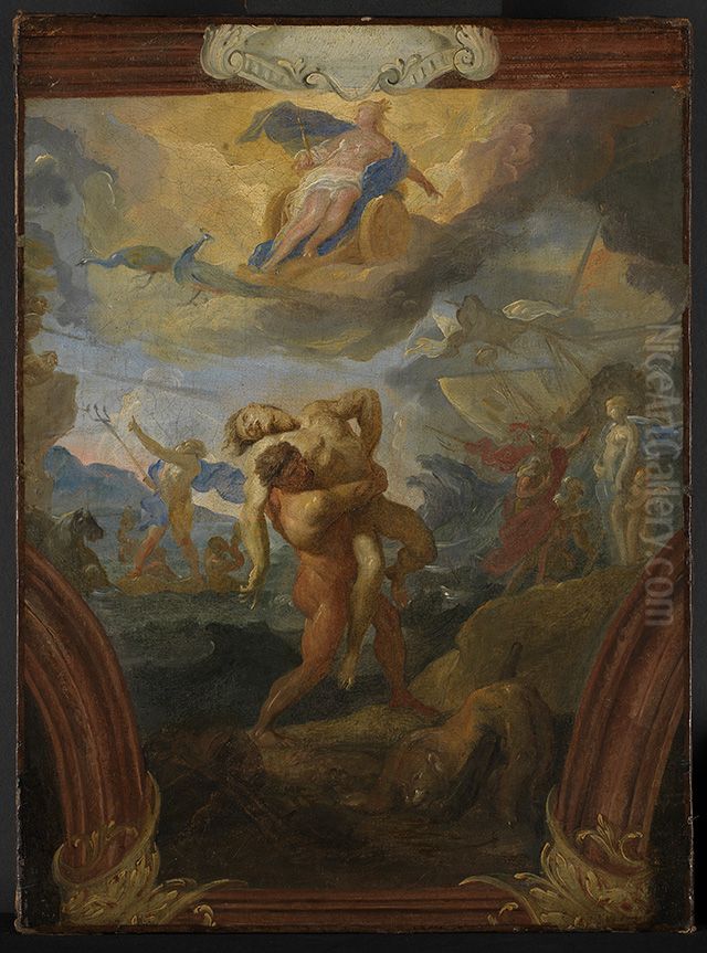 Herkules und Antaus, am Himmel Juno auf ihrem Wagen Oil Painting by Johann Michael Rottmayr Herkules und Antaus, am Himmel Juno auf ihrem Wagen Oil Painting by Johann Michael Rottmayr