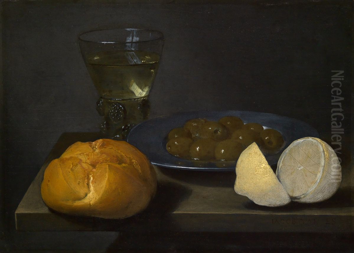 Still life of bread, plate with olives, lemon and glassware Oil Painting by Jacob van Es