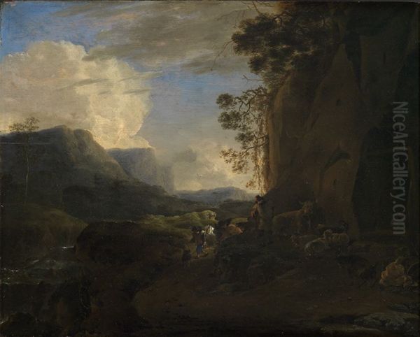 A rocky mountain valley with shepherds and cattle Oil Painting by Jan Asselijn