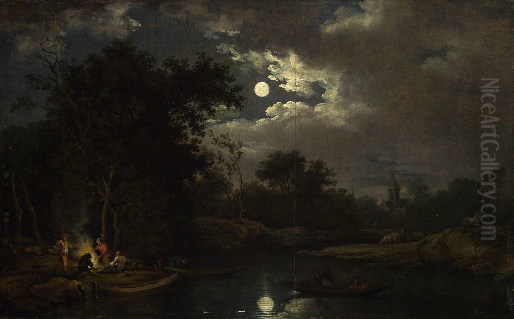 Mondscheinlandschaft mit Fischern am Lagerfeuer Oil Painting by Ferdinand Kobell