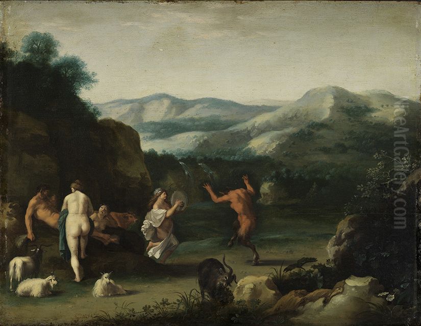 Sudliche Landschaft mit Hirten, Nymphen und tanzendem Satyr Oil Painting by Cornelius van Poelenburgh